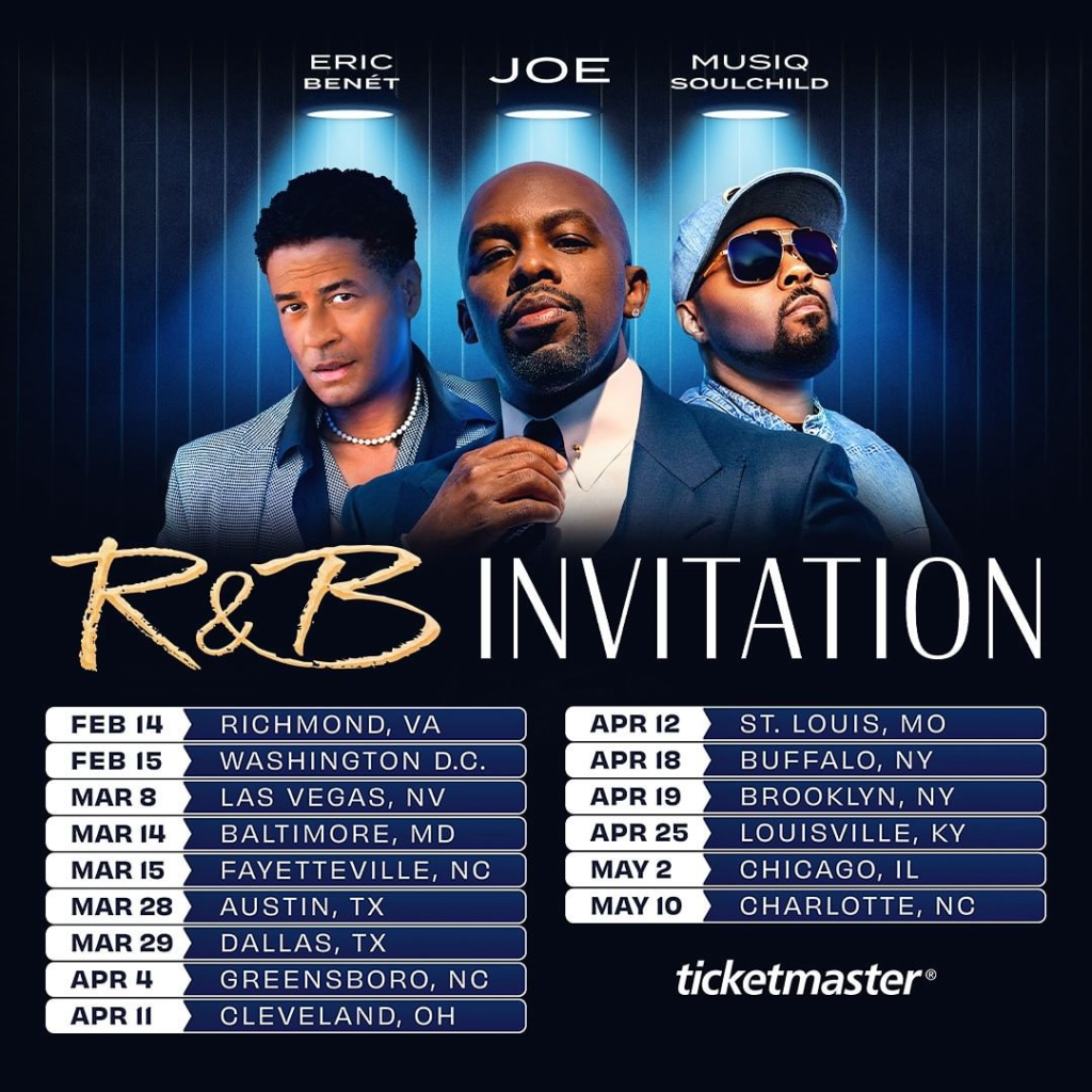 The official poster for the R&B Invitation Tour starring Eric Benét, Joe, and Musiq Soulchild